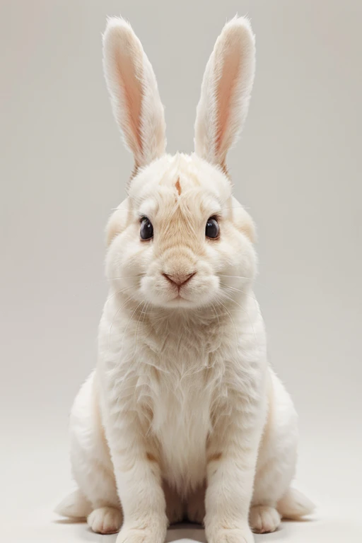 1bunny, white fur, ginger spots, plain background, looking at viewer, high res, fluffy, ultra sharp, 4K, front view