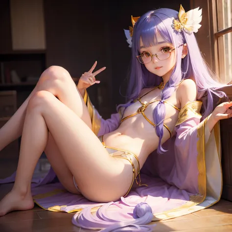 Transparent hair、hime-cut、Golden Eyes、eye glasses、ssmile、early teenage girls、flat chest、Thin pubic hair、Beautiful open legs、robe