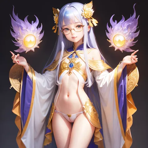 Transparent hair、hime-cut、Golden Eyes、eye glasses、ssmile、early teenage girls、flat chest、Thin pubic hair、Beautiful open legs、robe