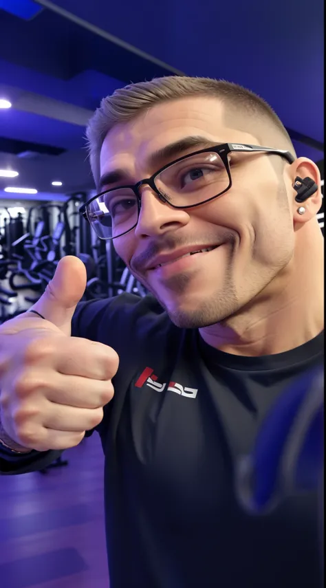 there is a man with glasses giving a thumbs up in a gym, giving a thumbs up to the camera,  de oculos, barba curta, bochechudo, cabelo curto, grisalho, camiseta cinza, forte, sorrindo,