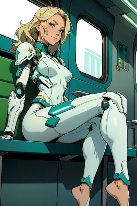 A beautiful, young, barefoot cyborg woman, wearing skintight cybernetic technological white, green and teal body armor with a skirt, prosthetic arms and legs , with short blonde wavy hair and a, in a futuristic train, sitting on a seat, happy facial expres...