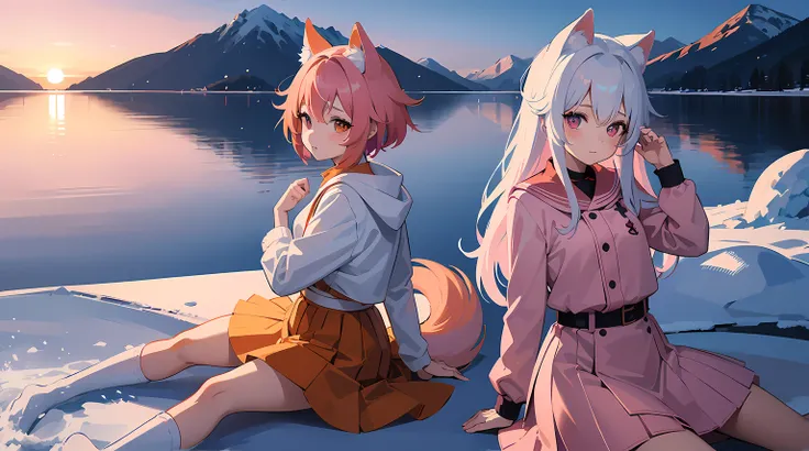 senko-san, loli, big freezed lake, winter, multicolored hair, white hair, pink hair, orange skirt, orange sunset, 1girl, hi resolution, 4k, sakura, snowed lake, pink scratches on a face, skirt with fur, white ears, ears with fur, cute face, whie-pink hair,...