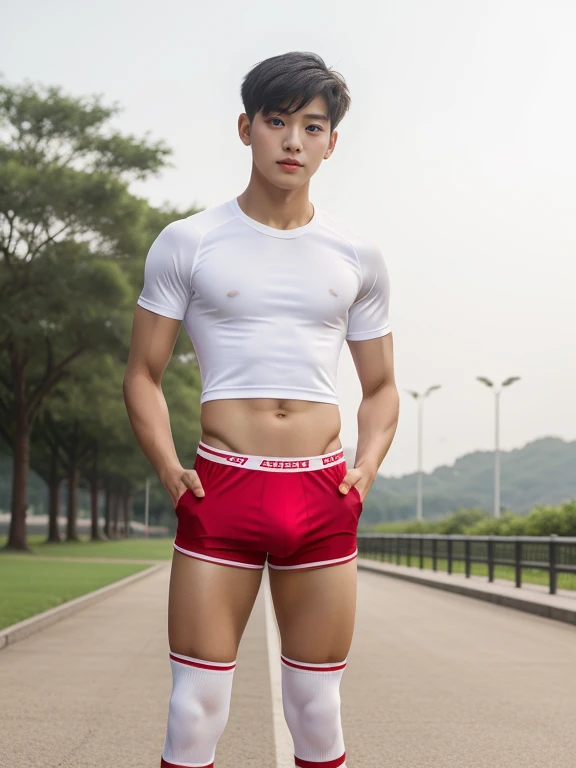 16 years old teenagers , very young , light-skin , wearing an dark red sexy underwear, tmasterpiece，k hd，the feet，Transparent sports vest，semi transparent，black long socks，The barefoot , red colour , handsome and cute , extreme cute boy , white skin , dark...