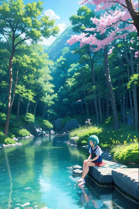 Anime girl sitting on a rock in a river surrounded by trees, anime style4 K, anime girl with teal hair, Anime style. 8K, Anime Art Wallpaper 8K, Anime Art Wallpapers 4K, Anime Art Wallpapers 4K, Beautiful avatar picture, High quality anime art style, anime...