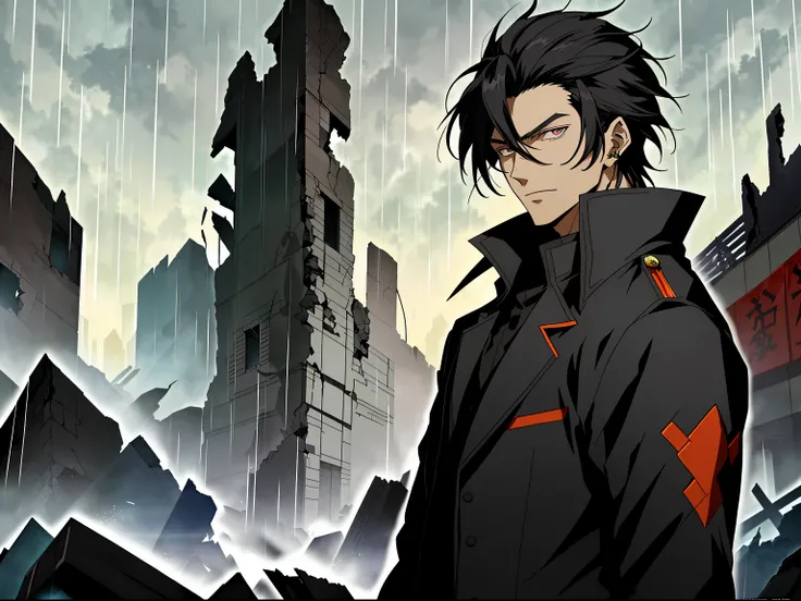 Man in black coat among ruins in the rain, black hair color hair，Black colored eyes, anime handsome man, Anime handsome avatar,  Key anime art, male anime characters,Official illustration, offcial art, young anime man, Key anime art,