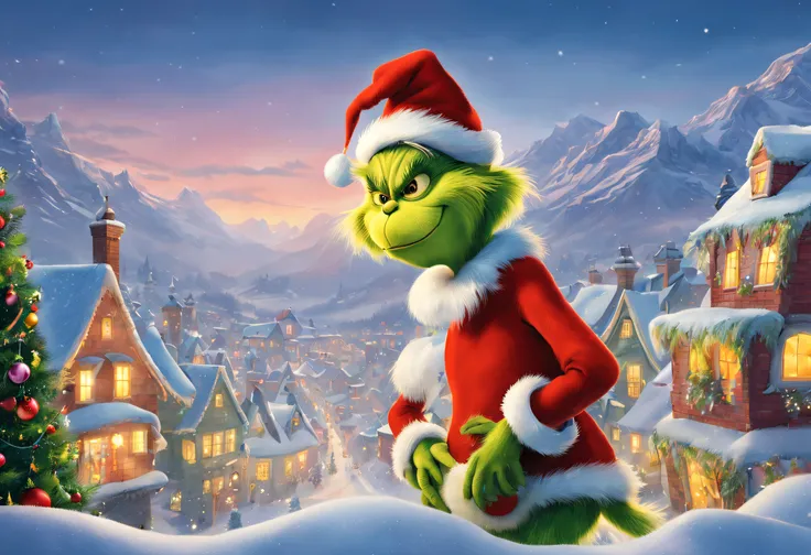 a mean scrooge,green creature,crazy,cunning,gift stealer,the grinch stealing gifts from houses in the snowy mountains,christmas tree,christmas ornaments,huge sack full of stolen gifts,stuck in the chimney,snow-covered rooftops,jingle bells,characters from ...