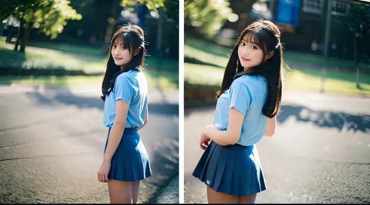 Beautiful high school girl, 18 years old, wearing a light blue miniskirt