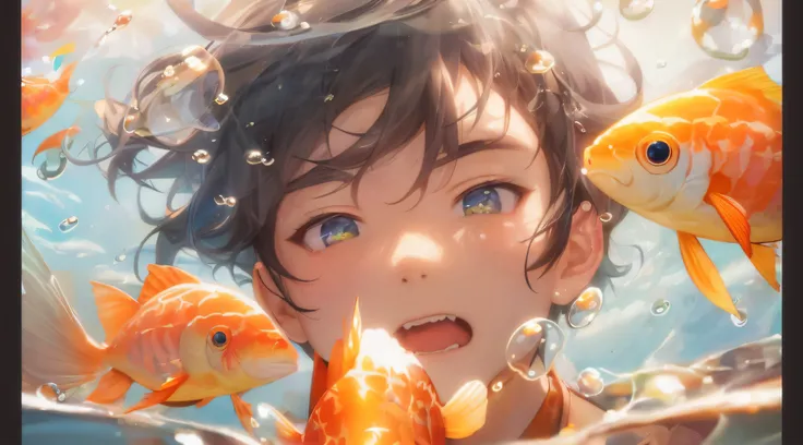 Cartoon boy with fish in water with air bubbles and bubbles, Guviz-style artwork, detailed digital anime art, Anime art wallpaper 4k, Anime art wallpaper 4k, Popular topics on artstation pixiv, 4k manga wallpapers, Anime art wallpaper 8 K, Anime style 4k, ...