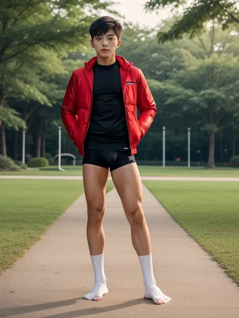 16 years old teenagers , very young , light-skin , wearing an dark red sexy underwear, tmasterpiece，k hd，the feet，Transparent sports vest，semi transparent，black long socks，The barefoot , red colour , handsome and cute , extreme cute boy , white skin , dark...