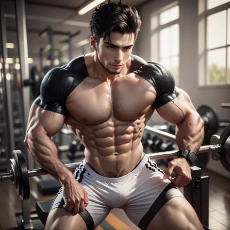 Black-haired sexy young man training in gym muscular realistic image --auto --s2