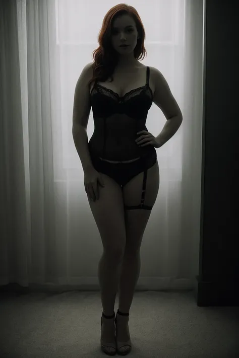 (((full body))), woman wearing a lingerie,in the dark, film grain, award winning photo, (green tint:0.5), backlit, looking to the side, redhead