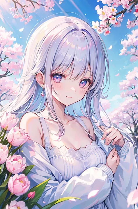 30 years old wearing white knit、silber hair、((pink sparkling eyes))、Smiling smile、blue-sky、Basking in the morning sun、Beautiful face with attention to detail、yellow tulip、Show the collarbone、Kamimei、cherry trees