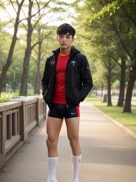 16 years old teenagers , very young , light-skin , wearing an dark red sexy underwear, tmasterpiece，k hd，the feet，Transparent sports vest，semi transparent，black long socks，The barefoot , red colour , handsome and cute , extreme cute boy , white skin , dark...