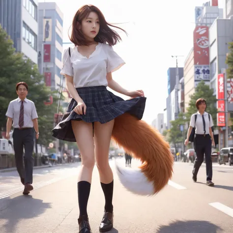 Woman walking down the street with a skirt and a fox tail, Fox tail, foxgirl, Furry tail, female furry mini cute style, fluffy tail, Surreal Women, Pedestrian paradise in Ginza, Tokyo, a picture, Hair that flutters in the wind, A skirt that flutters in the...