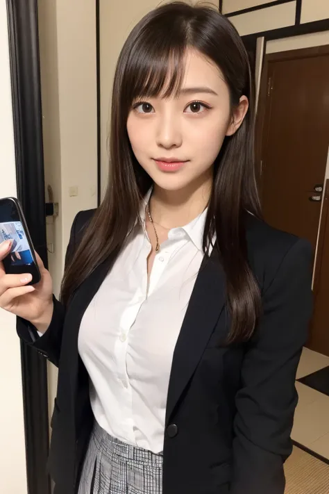 (((Take a photo of yourself in the mirror with your smartphone)))、((thighs thighs thighs thighs、large full breasts、face perfect、Look at your smartphone screen、Unbuttoned shirt))、(realisitic、Photorealsitic、ultra-detailliert、Highest Details Skins、top-quality...