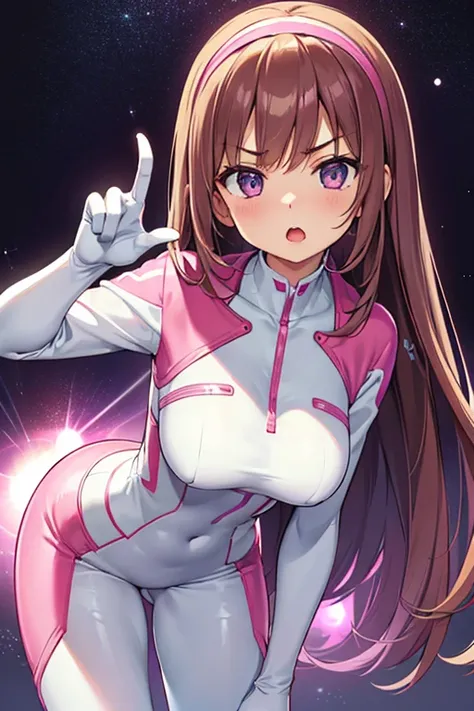 (leaning forward, 1 girl, looking at viewer, from front, facing straight at viewer, glaring, index finger pointing, hand on hips, pink and light blue and white clothes, futuristic space suit, inside punishment room), focus face and finger, shiny slim fit s...