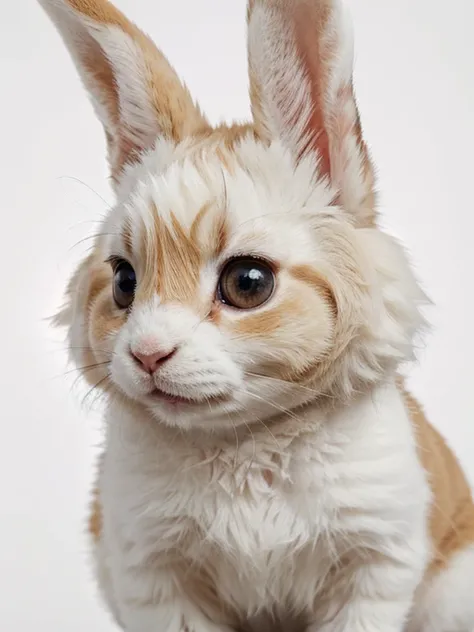 1bunny, white fur, ginger spots, plain background, looking at viewer, high res, fluffy, ultra sharp, 4K, front view, big eyes