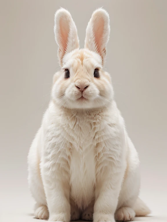 1bunny, white fur, ginger spots, plain background, looking at viewer, high res, fluffy, ultra sharp, 4K, front view