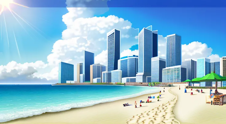 Scenery, City , Skyscrapers , Beach , Summer , Umbrella , Sky , Day, , Sun , Breeze