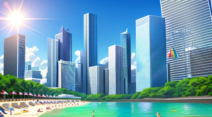 Scenery, City , Skyscrapers , Beach , Summer , Umbrella , Sky , Day, , Sun , Breeze