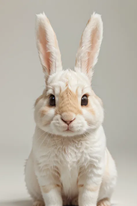 1bunny, white fur, ginger spots, plain background, looking at viewer, high res, fluffy, ultra sharp, 4K, front view