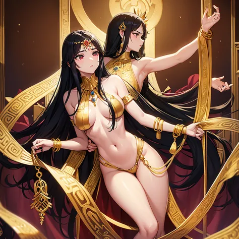 Aztec mythology、femele、She wears golden ornaments all over her body、Naked except for accessories、large full breasts、Constricted hips、long black hair that reaches down to the legs、sentenced to car wrecking