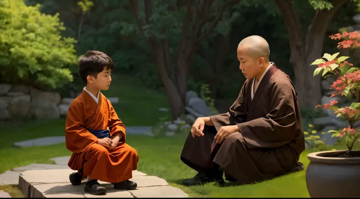 buddhist old monk sitting on a stone step talking to a young boy, still from a live action movie, scene from live action movie, realistic image, 16k resolution