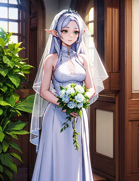 Frieren, super long white hair, green eyes, elf ears, wearing white wedding dress, wedding veil, holding blue flower bouquet , soft smile, medium breast, standing, detailed character