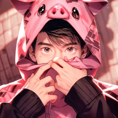 Japanese man in a pig hoodie covering his face with his hands