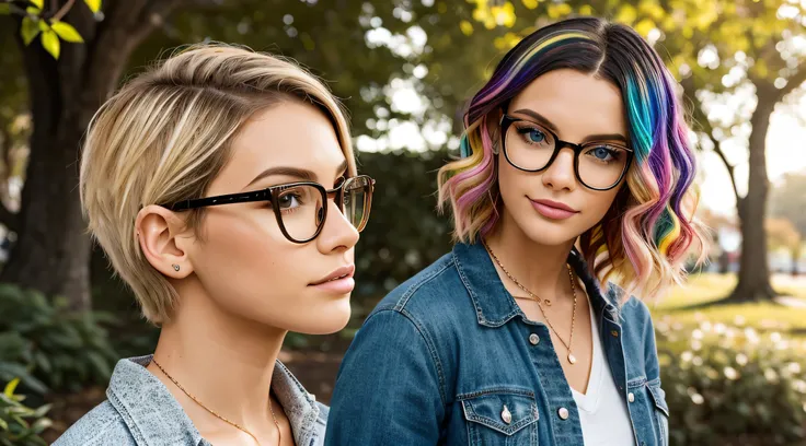 In the soft glow of a sunlit afternoon on the university campus, a confident and vibrant model with short, blonde hair adorned in the colors of the LGBTQI+ spectrum exudes individuality and pride. With fair skin and a pair of stylish glasses, she adds an i...