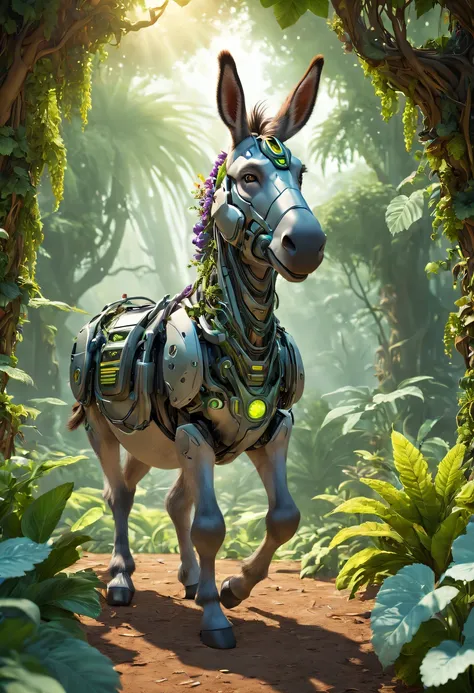 Futuristic ethereal donkey，sci-fi donkey，future donkey，Futuristic jungle background，tmasterpiece，（Very detailed CG unified 8k wallpaper），（Best quality），（Best Best Illustration），（The best shadow），The background is a forest theme，With natural elements，flower...