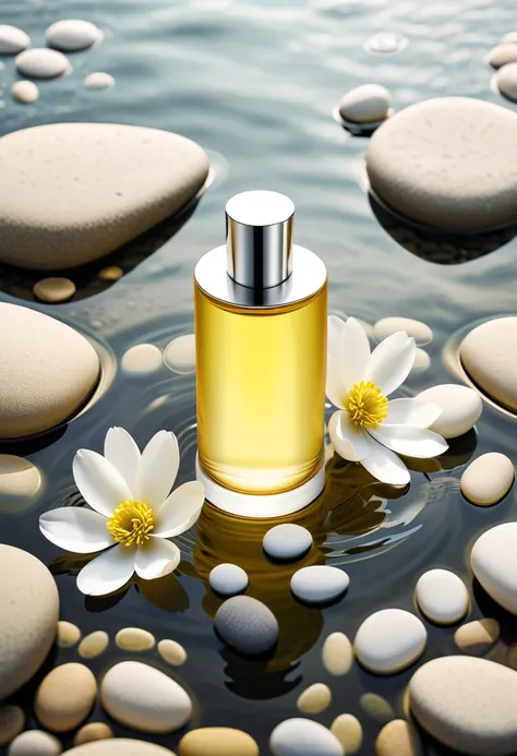 yellow cylindrical bottle, perfume, There are 3 white flowers around, pebble background, overhead photography, In the water, water ripple, minimal style, Bright background, arte 3D, c4d, OC Render, from behavior, Studio lighting, HD8K