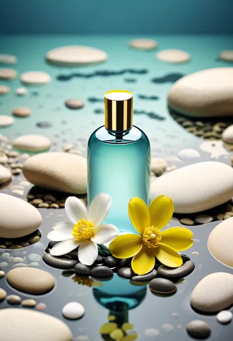 yellow cylindrical bottle, perfume, There are 3 white flowers around, pebble background, overhead photography, In the water, water ripple, minimal style, Bright background, arte 3D, c4d, OC Render, from behavior, Studio lighting, HD8K