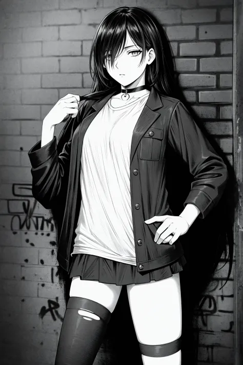 best quality, intricate details, lineart, monochrome,

1girl, long hair, black hair, messy hair, hair over one eye, sharp eyes, 

choker, shirt, torn legwear, open jacket, 

against wall, brick wall, graffiti, full lighting, alley