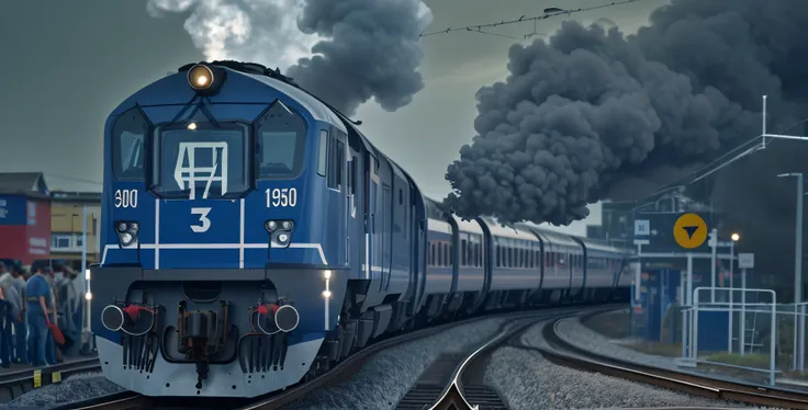 high speed train, you can see it going very fast, 1950s style, with an imposing locomotive in the foreground, on the front of the locomotive you can see a large safety badge, image in daylight, good weather, blurred background