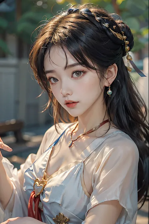 ((from side)), A young girl, Translucent Hanfu, Silk material, Silk luster, cropped shoulders, slender leg, Flirting skirts, Irridescent color, a warm color palette，best qualtiy，耳Nipple Ring、choker necklace、Hairpins，Heavy makeup，Gorgeous eye makeup，extreme...