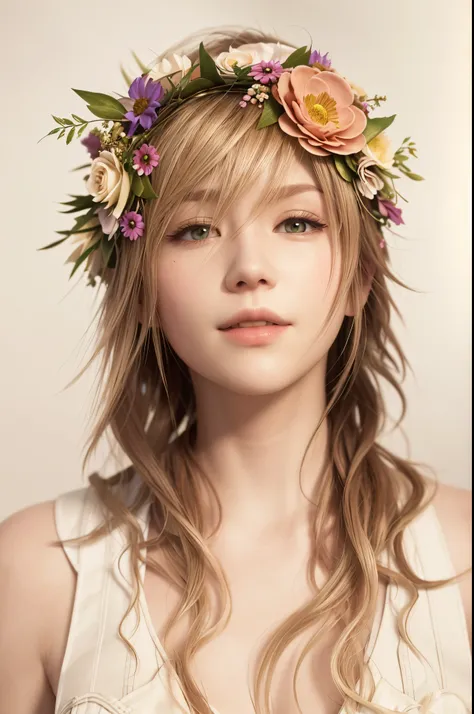 there is a woman with a flower crown on her head, flower storm portrait,hd, (best detail), (best quality), final fantasy, relic,...