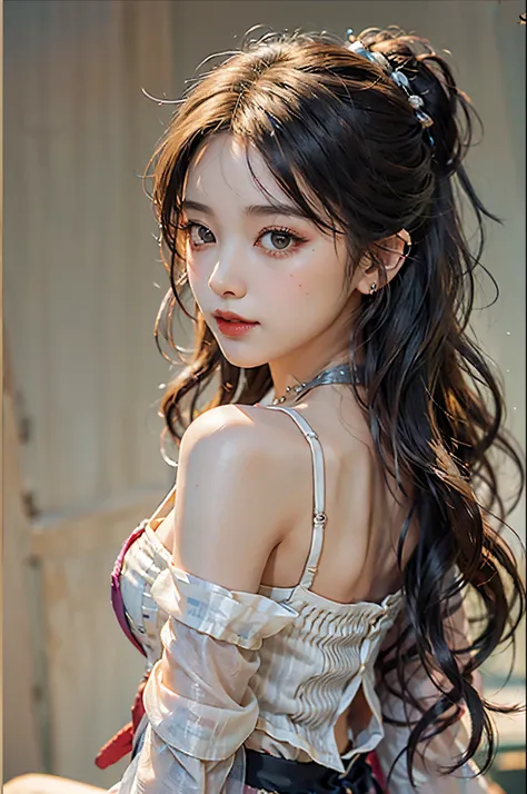 ((from side)), A young girl, Translucent Hanfu, Silk material, Silk luster, cropped shoulders, slender leg, Flirting skirts, Irridescent color, a warm color palette，best qualtiy，耳Nipple Ring、choker necklace、Hairpins，Heavy makeup，Gorgeous eye makeup，extreme...