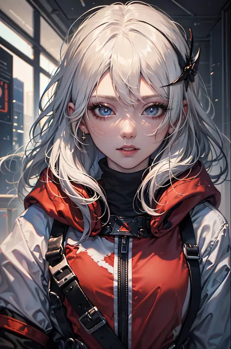 (Eyes are blue),(The hair is white and long),girl wearing hoodie,Return blood,A detailed face,A detailed eye,(Masterpiece),(hiquality)an anime girl,full bodyesbian