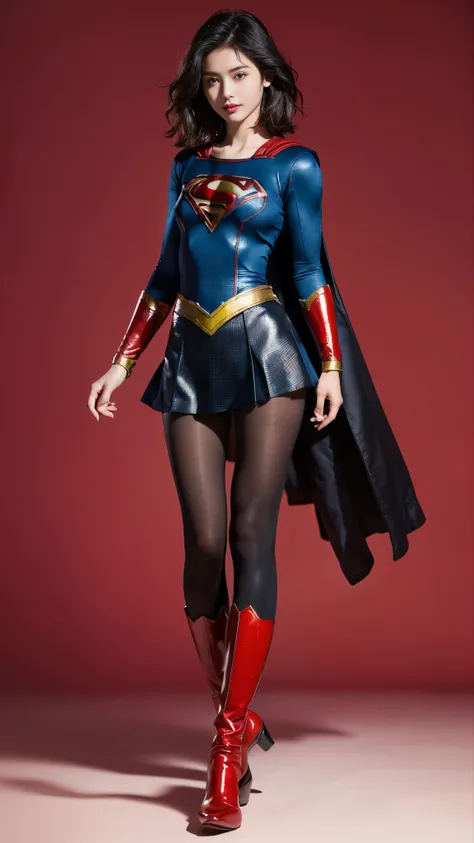 Asian Beautiful Girl、(((Wear black tights on your beautiful legs.)))、(((beauty legs)))、(((facial expression of smile)))、((((Make the most of the original image)))、(((Supergirl Costume)))、(((a short bob、beautiful hairl)))、(((Suffering)))、(((Feet must necess...