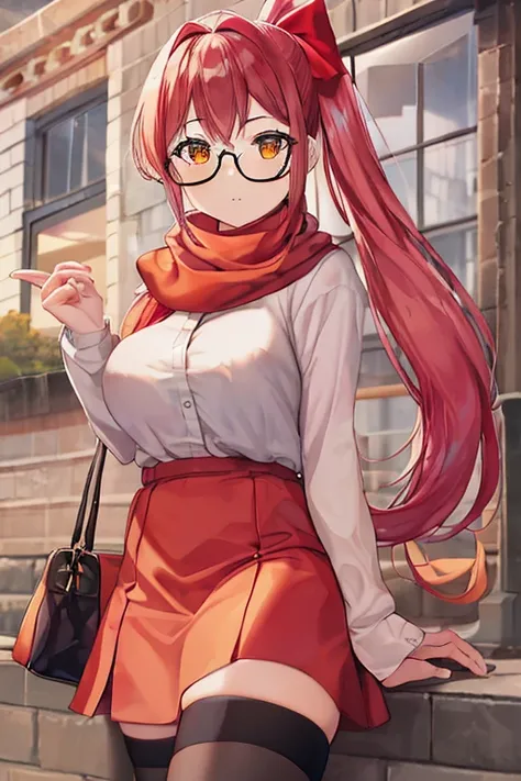 A girl with pink long hair, a side ponytail, orange eyes and big breasts. She should be wearing casual clothes consisting in: A white shirt, a red skirt, glasses, a hair bow, an orange scarf, black thighhighs and black boots. She should be looking at viewe...