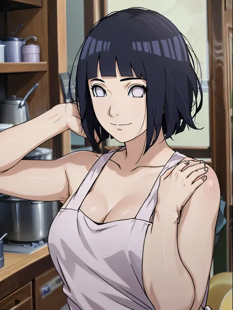 naked wearing white  apron only,, ((thick arm, little biceps)), little biceps, flexing arm muscles , anime style, cute , beautiful , nice body, soft body, (hinata(boruto),  (slender body), mature woman , broad shoulders, off-shoulders, (naked wearing white...