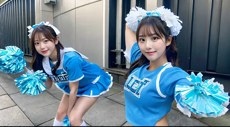 Beautiful 18-year-old cheerleader in a light blue costume and miniskirt