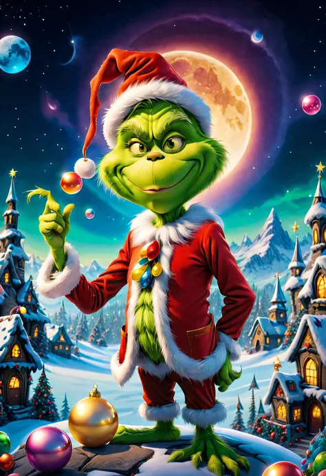 （tarot cards：1.5，rotary symmetrical），(tmasterpiece),（ultra - detailed：1.3），Best quality，（Sparkling:1.2），christmas world，((The Grinch: 1.2，Evil smiled: 1.2)),（the moon is empty)，((The Grinch dressed as Santa Claus，Teach with a wand))，natta，sky sky，moon full...