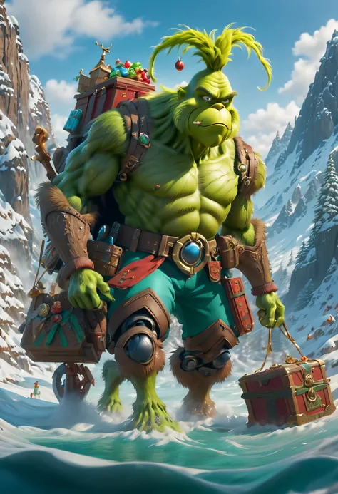 The Grinch is exploring，Wearing Santa Claus Clothes，With dogs，hole in the mountains，flowingwater，treasure chests，jewely，(traditional art, illustratio, Exquisite、Best quality、ultra - detailed、nice、Positioning details，RGB color, Surrealism, Luminism, Ghibli-...