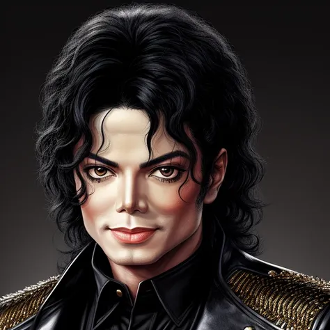 Michael Jackson with (black hair), Classic heroic style, looking closely at the camera, Classic heroic style, Fantasy, excellent UHD quality, realistic style.