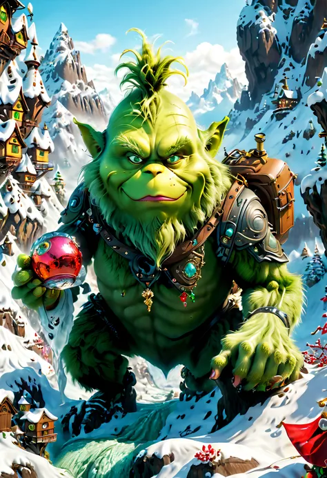 The Grinch is exploring，Wearing Santa Claus Clothes，With dogs，hole in the mountains，flowingwater，treasure chests，jewely，(traditional art, illustratio, Exquisite、Best quality、ultra - detailed、nice、Positioning details，RGB color, Surrealism, Luminism, Ghibli-...