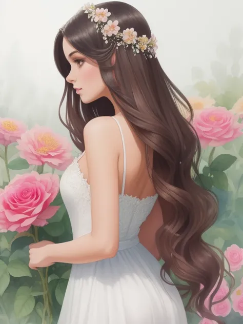 Uma pintura em aquarela de mulher de    longos cabelos  em um vestido de princesa rosa com uma coroa de flores,vestido