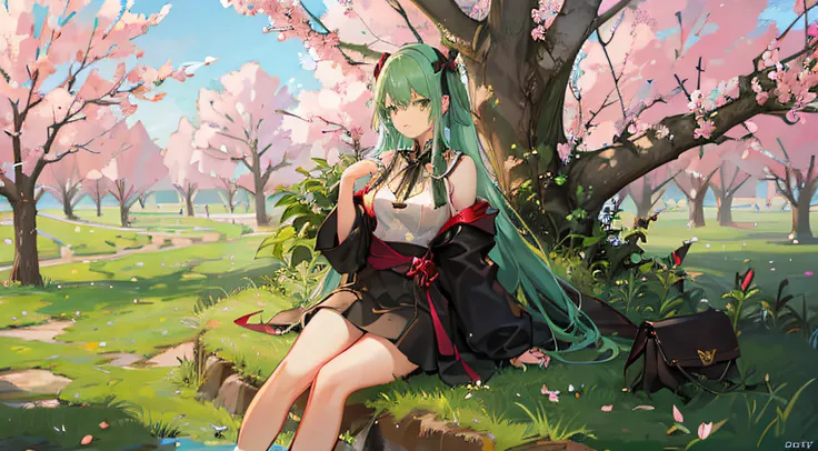 a girl, green hair, long hair with bangs, ribbon in hair, green eyes, sitting under a sakura tree, from afar