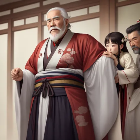 The old man with white beard is wise, smart and kind. He has a big nose and is half-dressed in ancient Chinese Hanfu.